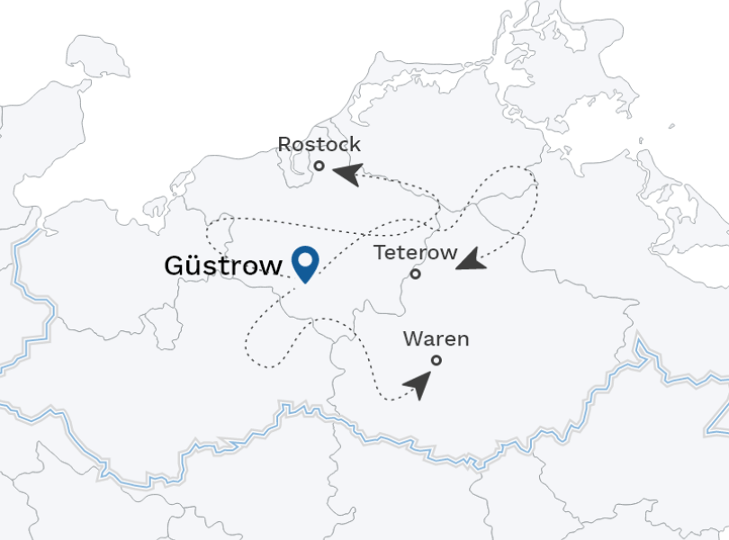 Karte mit dem Einsatzgebiet des Elektromeisters Gerotzky, Mecklenburg-Vorpommern, Rostock, Wismar, Güstrow, Bad Doberan, Waren, Teterow